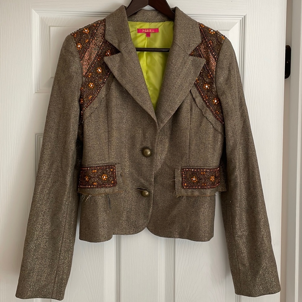 Funky Nikka blazer. Gold threading, jewel tone beaded embellishments.